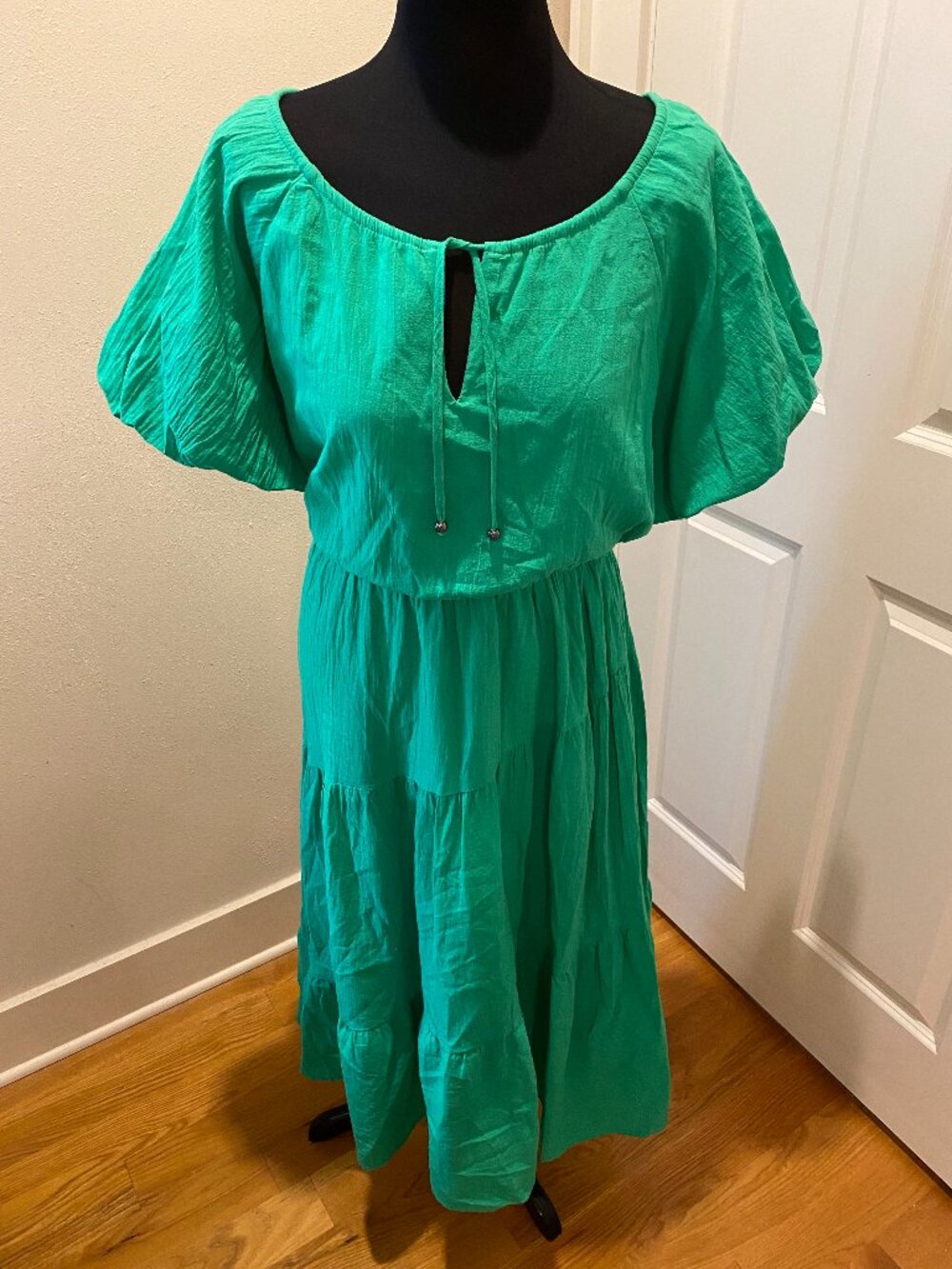 Entro Midi/Maxi Tiered Green Gauze Dress with Puff Sleeves